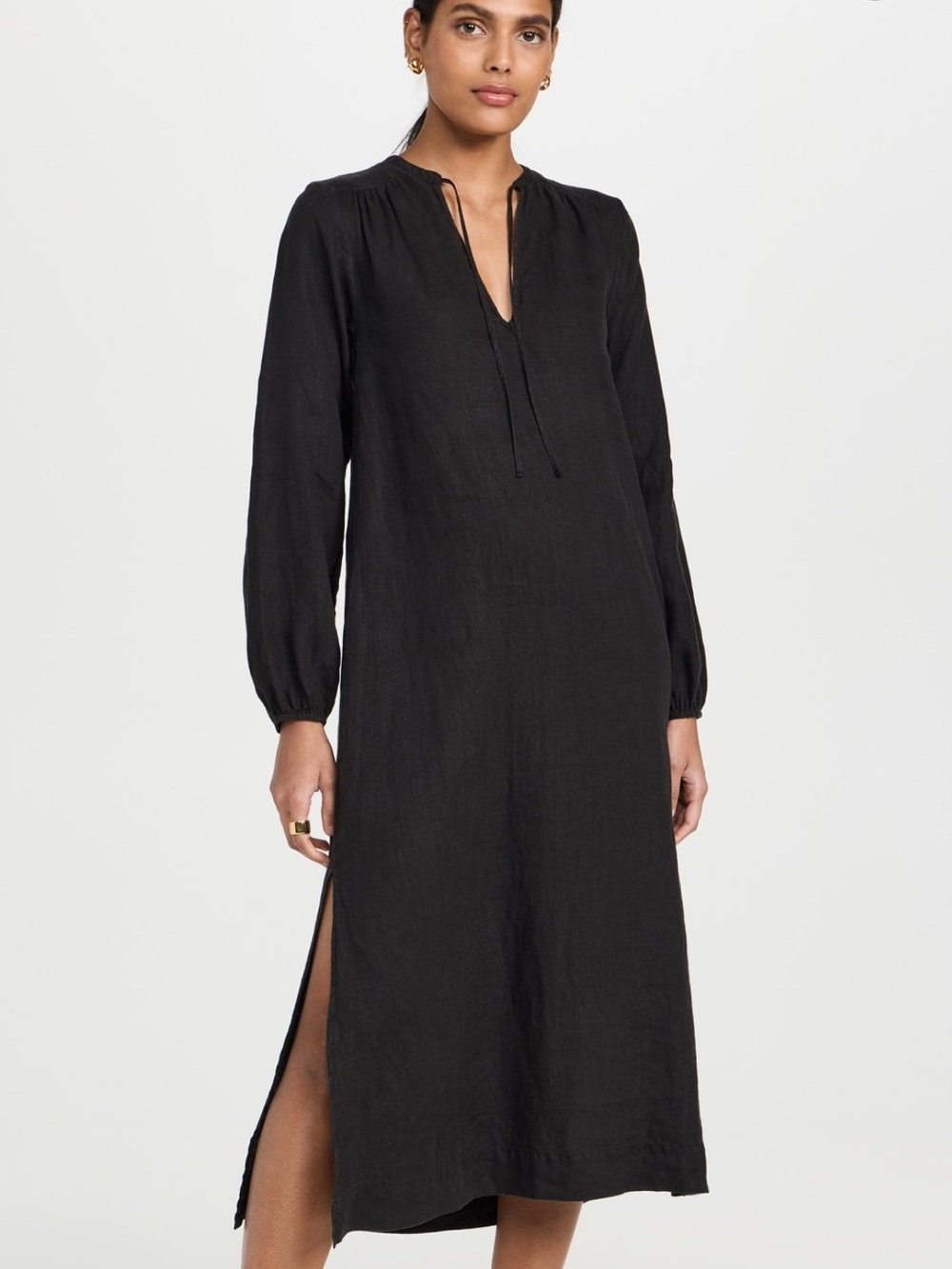 James Perse Beige Long-Sleeve Tie-Neck Linen Midi Dress Size 0